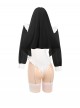 Nun Of The Dark Moon High Waist Exposed Hip Hidden Button Open Crotch Bodysuit Sexy Lingerie Set
