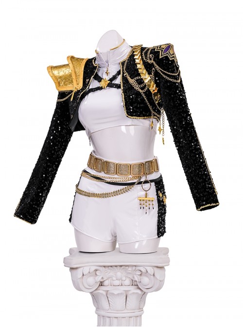 KPop Demon Hunters Rumi Black White Stage Halloween Cosplay Costume Set Without Shoes