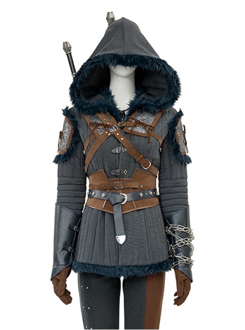 Games The Witcher 4 Ciri Halloween Cosplay Costume Gray Hooded Cape