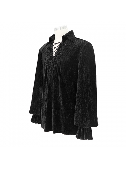 Chest Lace Lace-Up Flower Spikes Lantern Long Sleeve Pleated Velvet Black Gothic Shirt