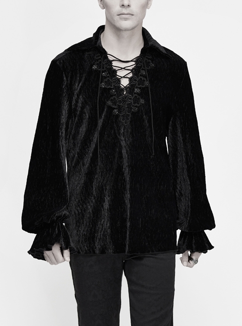 Chest Lace Lace-Up Flower Spikes Lantern Long Sleeve Pleated Velvet Black Gothic Shirt