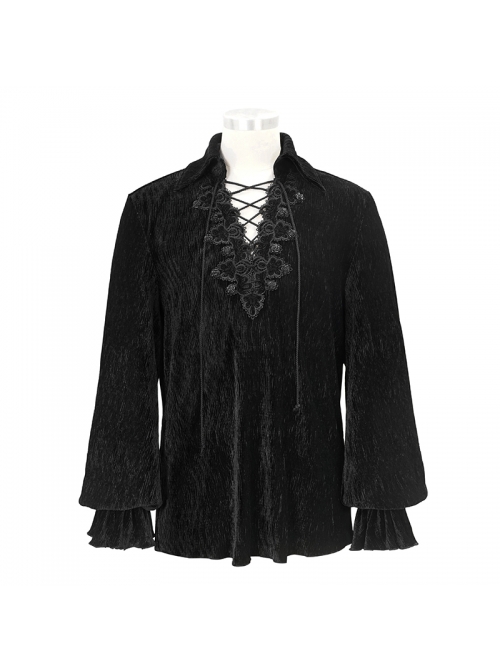 Chest Lace Lace-Up Flower Spikes Lantern Long Sleeve Pleated Velvet Black Gothic Shirt