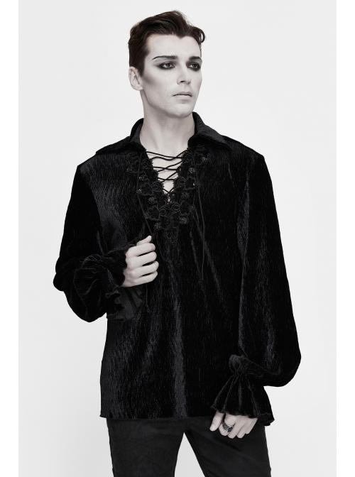 Chest Lace Lace-Up Flower Spikes Lantern Long Sleeve Pleated Velvet Black Gothic Shirt