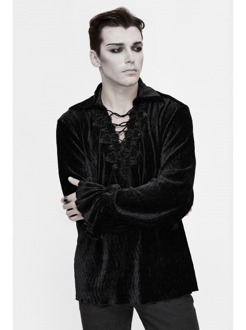 Chest Lace Lace-Up Flower Spikes Lantern Long Sleeve Pleated Velvet Black Gothic Shirt