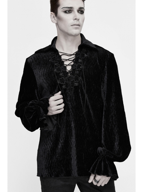 Chest Lace Lace-Up Flower Spikes Lantern Long Sleeve Pleated Velvet Black Gothic Shirt
