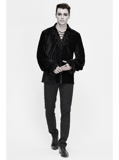 Chest Lace Lace-Up Flower Spikes Lantern Long Sleeve Pleated Velvet Black Gothic Shirt