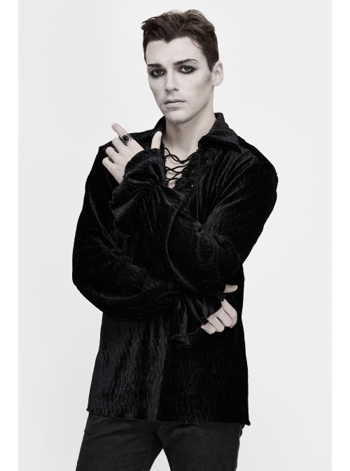 Chest Lace Lace-Up Flower Spikes Lantern Long Sleeve Pleated Velvet Black Gothic Shirt