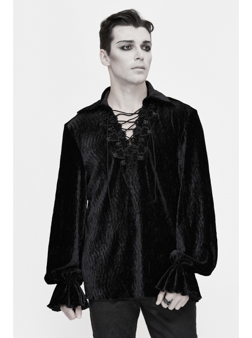 Chest Lace Lace-Up Flower Spikes Lantern Long Sleeve Pleated Velvet Black Gothic Shirt