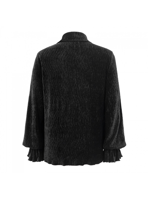 Chest Lace Lace-Up Flower Spikes Lantern Long Sleeve Pleated Velvet Black Gothic Shirt