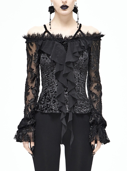 Off-Shoulder Lace Long Sleeve Chest Frilly Rose Button Black Gothic Blouse