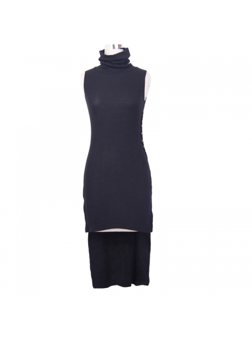 Collar Ribbed Sleeveless One-Side Waist Pins Slits Black Punk Dress