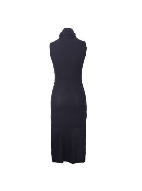 Collar Ribbed Sleeveless One-Side Waist Pins Slits Black Punk Dress