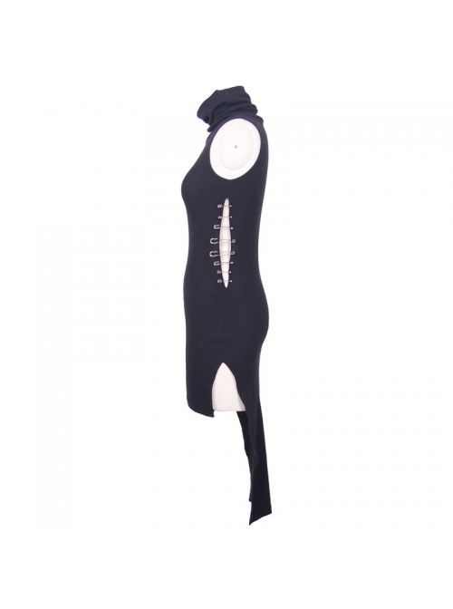 Collar Ribbed Sleeveless One-Side Waist Pins Slits Black Punk Dress
