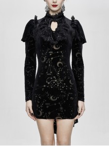 Stand Collar Stars Moon Pattern Chest Frilly Rear Long Hem Black Gothic Velvet Dress