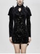Stand Collar Stars Moon Pattern Chest Frilly Rear Long Hem Black Gothic Velvet Dress