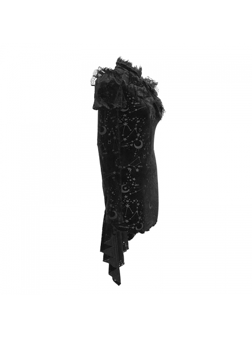 Stand Collar Stars Moon Pattern Chest Frilly Rear Long Hem Black Gothic Velvet Dress