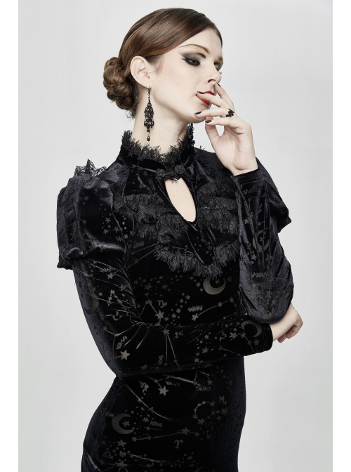 Stand Collar Stars Moon Pattern Chest Frilly Rear Long Hem Black Gothic Velvet Dress