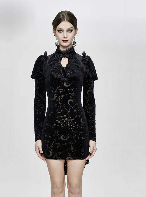 Stand Collar Stars Moon Pattern Chest Frilly Rear Long Hem Black Gothic Velvet Dress