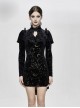 Stand Collar Stars Moon Pattern Chest Frilly Rear Long Hem Black Gothic Velvet Dress