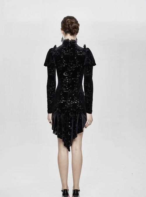 Stand Collar Stars Moon Pattern Chest Frilly Rear Long Hem Black Gothic Velvet Dress