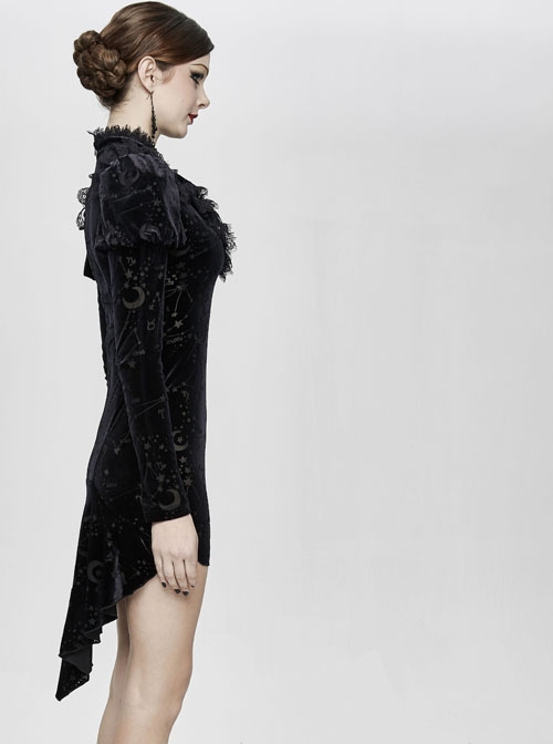 Stand Collar Stars Moon Pattern Chest Frilly Rear Long Hem Black Gothic Velvet Dress