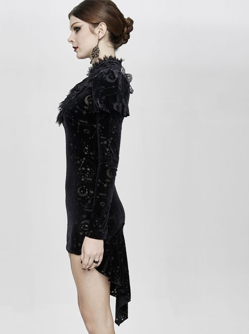 Stand Collar Stars Moon Pattern Chest Frilly Rear Long Hem Black Gothic Velvet Dress