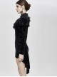 Stand Collar Stars Moon Pattern Chest Frilly Rear Long Hem Black Gothic Velvet Dress