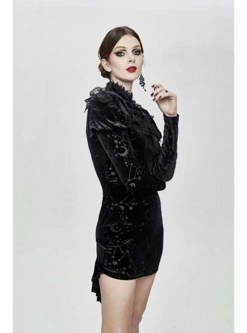 Stand Collar Stars Moon Pattern Chest Frilly Rear Long Hem Black Gothic Velvet Dress