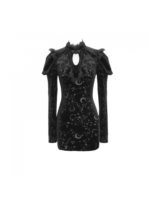 Stand Collar Stars Moon Pattern Chest Frilly Rear Long Hem Black Gothic Velvet Dress