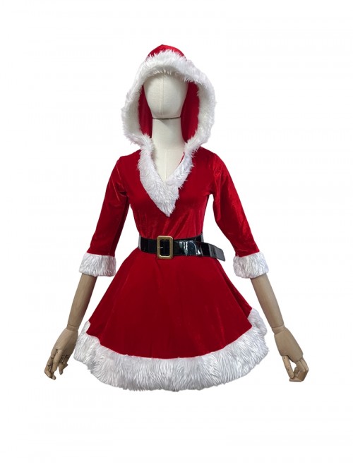 Original Christmas Series Christmas Party V Neck Hooded Dress White Fur Trim Halloween Cosplay Costume Set
