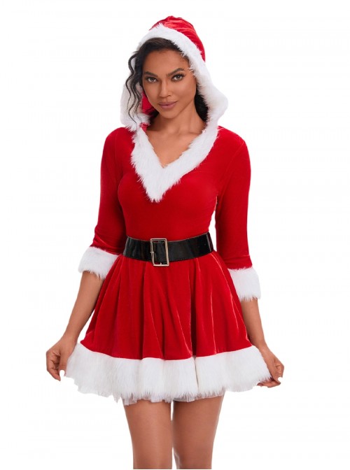 Original Christmas Series Christmas Party V Neck Hooded Dress White Fur Trim Halloween Cosplay Costume Set