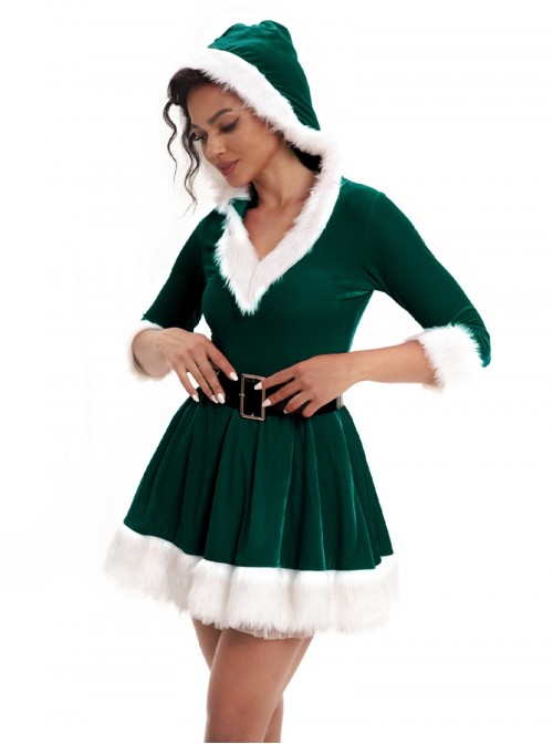 Original Christmas Series Christmas Party V Neck Hooded Dress White Fur Trim Halloween Cosplay Costume Set