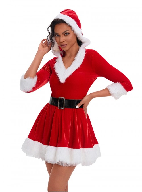 Original Christmas Series Christmas Party V Neck Hooded Dress White Fur Trim Halloween Cosplay Costume Set