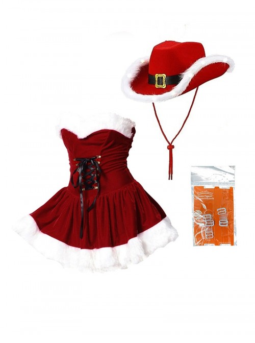 Original Christmas Series Sexy Red Velvet Christmas Dress Denim Hat Halloween Cosplay Costume Set