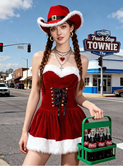 Original Christmas Series Sexy Red Velvet Christmas Dress Denim Hat Halloween Cosplay Costume Set