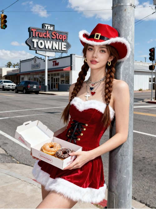 Original Christmas Series Sexy Red Velvet Christmas Dress Denim Hat Halloween Cosplay Costume Set