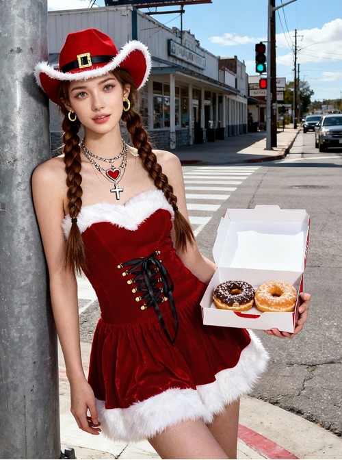 Original Christmas Series Sexy Red Velvet Christmas Dress Denim Hat Halloween Cosplay Costume Set