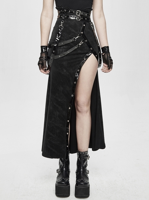 Glazed Leather Loop Side High Slit Japanese Black Punk Half Skirt