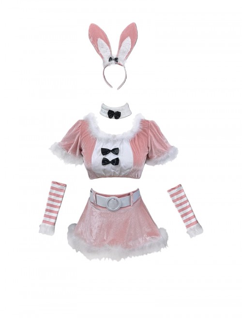 Original Christmas Series Pink Sexy Bunny Girl Christmas Party Halloween Cosplay Costume Top Short Skirt Set