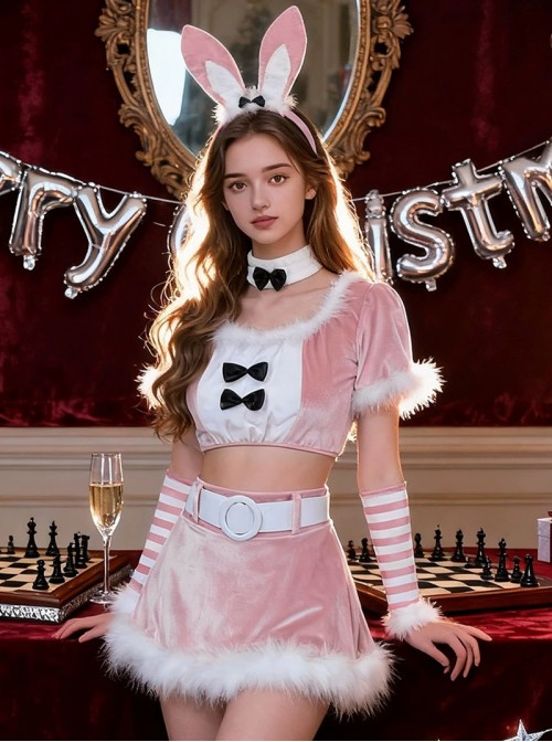 Original Christmas Series Pink Sexy Bunny Girl Christmas Party Halloween Cosplay Costume Top Short Skirt Set