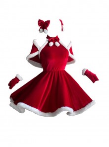 Original Christmas Series Sweet Sexy Red Christmas Party Halter Neck Dress Halloween Cosplay Costume Set