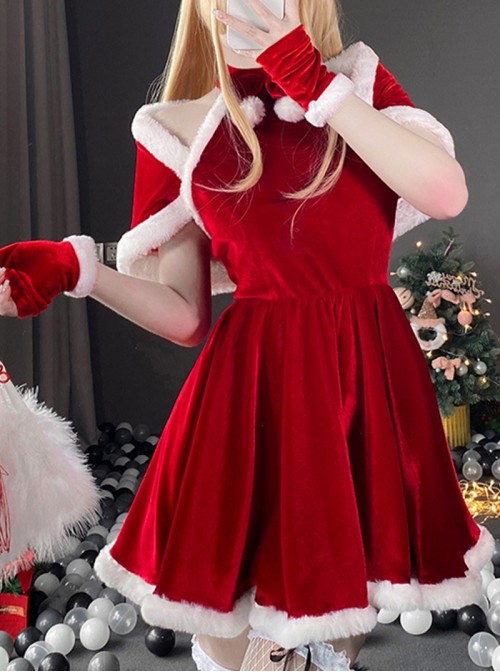 Original Christmas Series Sweet Sexy Red Christmas Party Halter Neck Dress Halloween Cosplay Costume Set