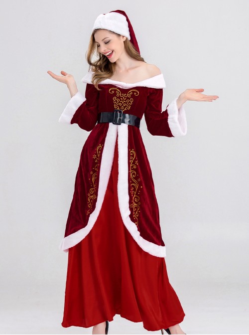 Original Christmas Series Red Retro Elegant Court Style Velvet Maxi Dress Halloween Cosplay Costume Hat Belt Set