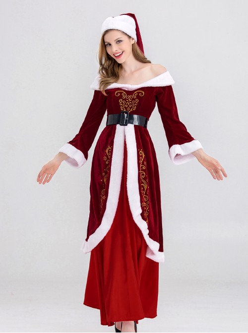 Original Christmas Series Red Retro Elegant Court Style Velvet Maxi Dress Halloween Cosplay Costume Hat Belt Set