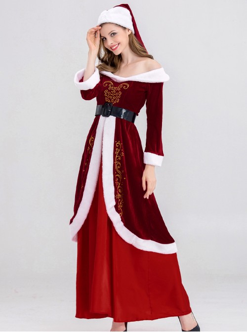 Original Christmas Series Red Retro Elegant Court Style Velvet Maxi Dress Halloween Cosplay Costume Hat Belt Set