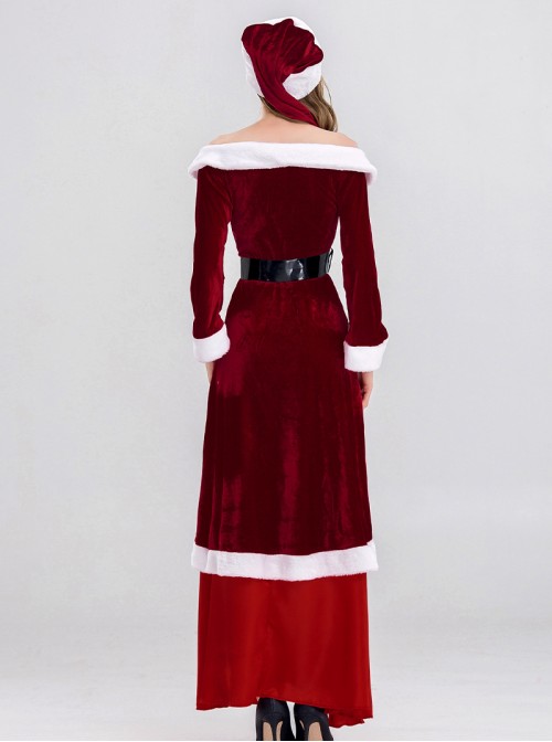 Original Christmas Series Red Retro Elegant Court Style Velvet Maxi Dress Halloween Cosplay Costume Hat Belt Set