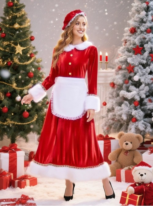 Original Christmas Series Red White Christmas Holiday Party Santa Claus Dress Halloween Cosplay Costume Hat Apron Set