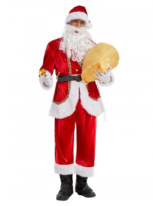 Original Christmas Series Christmas Santa Claus Red Velvet White Plush Golden Trim Halloween Cosplay Costume Full Set