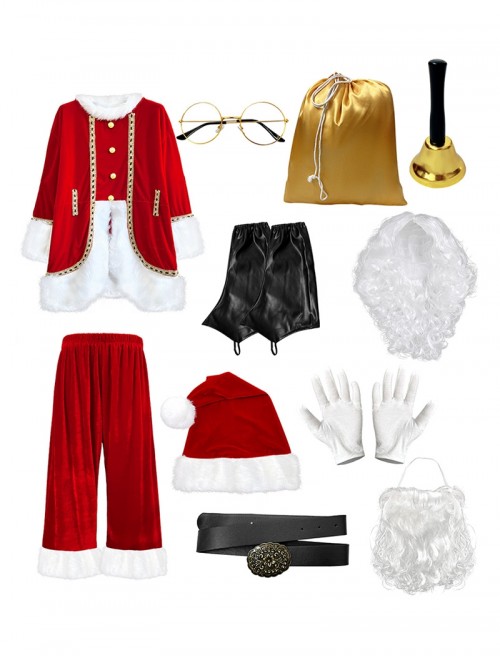 Original Christmas Series Christmas Santa Claus Red Velvet White Plush Golden Trim Halloween Cosplay Costume Full Set
