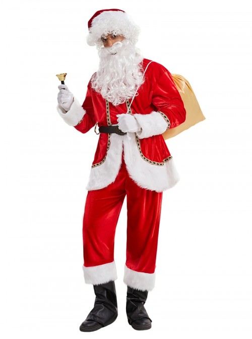Original Christmas Series Christmas Santa Claus Red Velvet White Plush Golden Trim Halloween Cosplay Costume Full Set